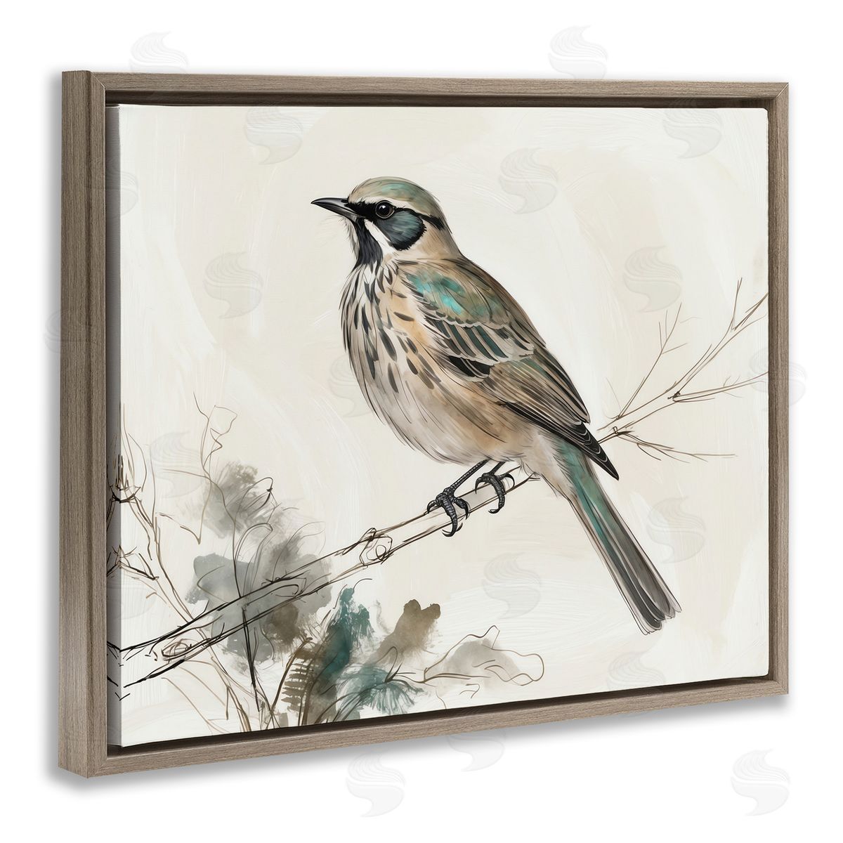 Perched Bird Illustration Brown Floating Frame Canvas Wall Art, Home Decor by LSR Creative Studio