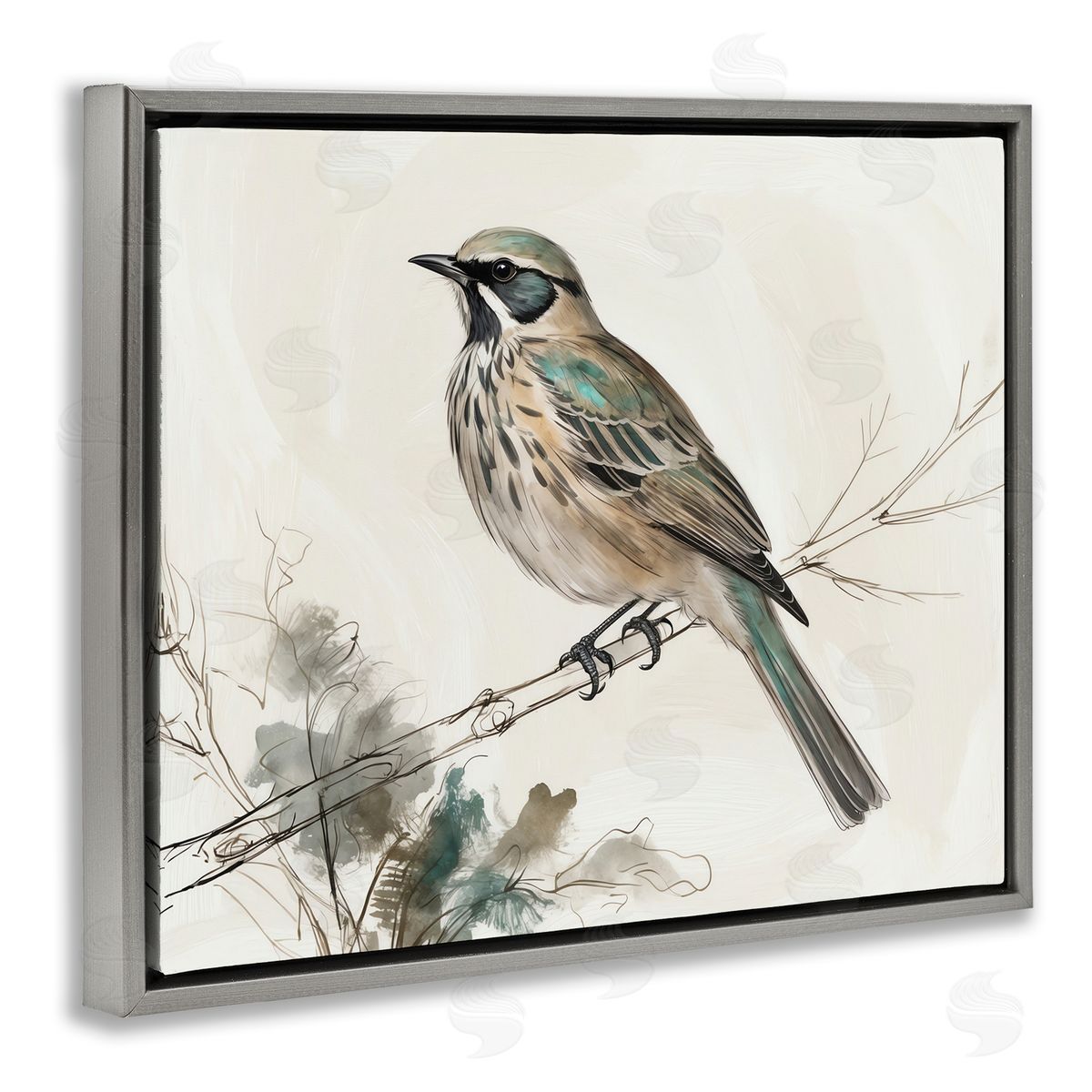 Perched Bird Illustration Grey Floating Frame Canvas Wall Art, Home Decor by LSR Creative Studio