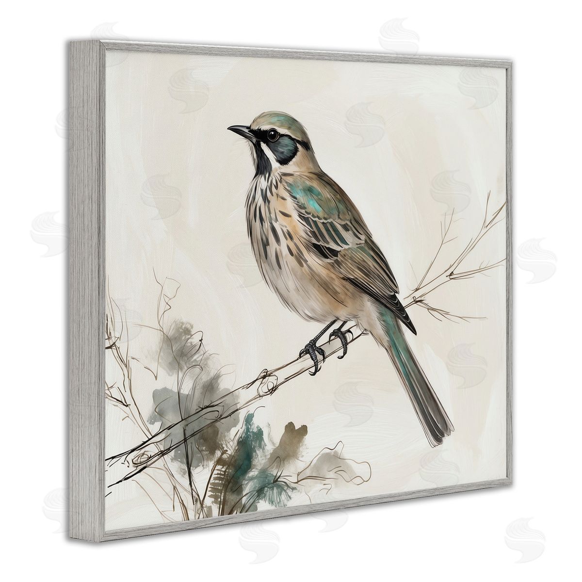Perched Bird Illustration Grey Frame Print Wall Art, Home Decor by LSR Creative Studio