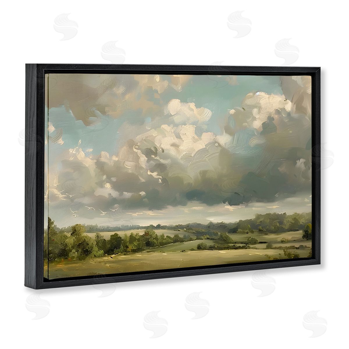 Sunlit Clouds over Countryside Black Floating Frame Canvas Wall Art, Home Decor by LSR Creative Studio