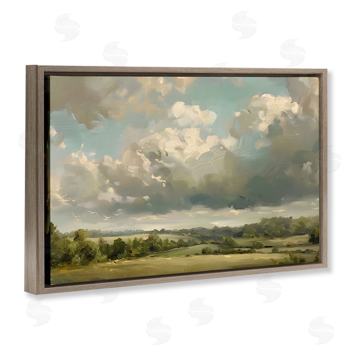 Sunlit Clouds over Countryside Brown Floating Frame Canvas Wall Art, Home Decor by LSR Creative Studio