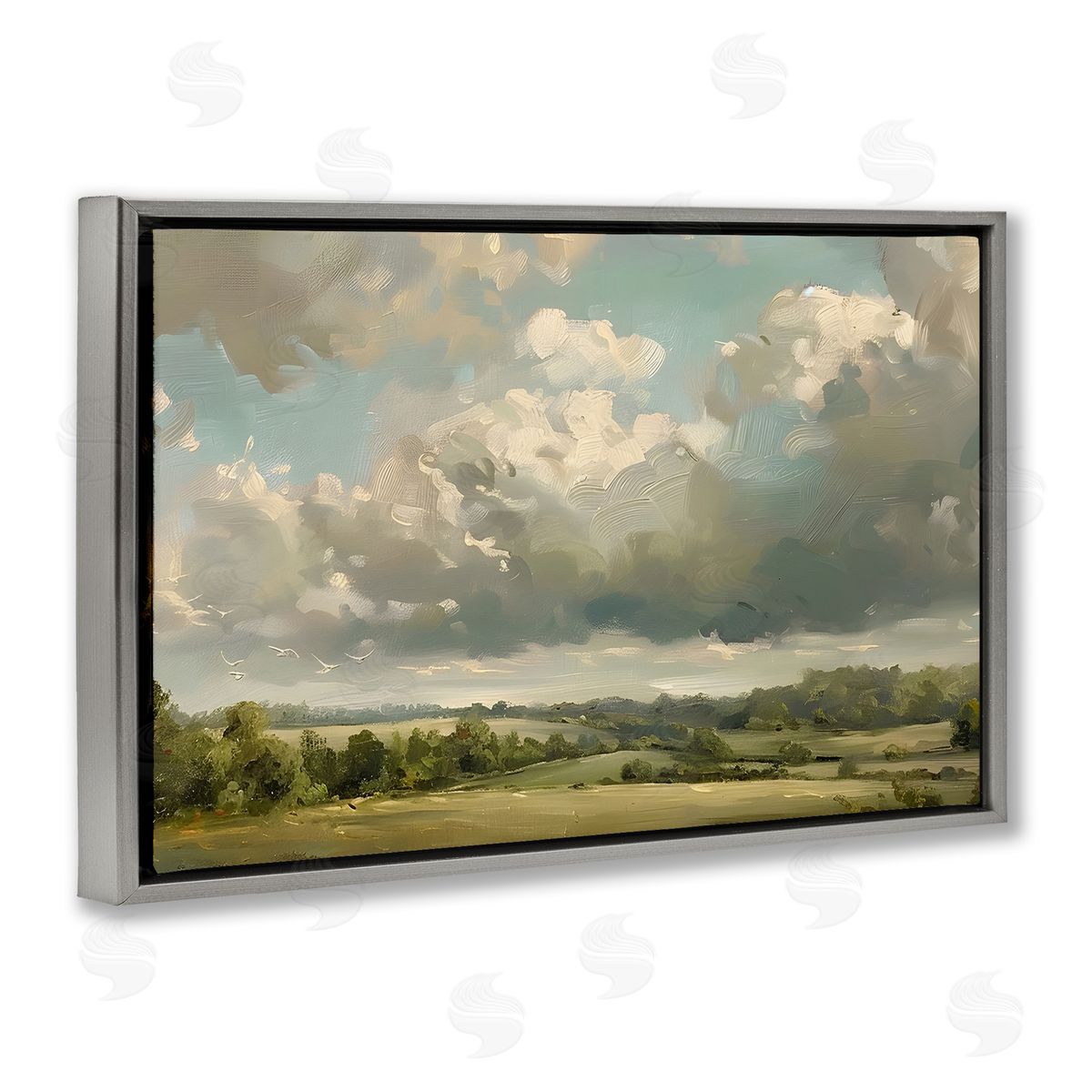 Sunlit Clouds over Countryside Grey Floating Frame Canvas Wall Art, Home Decor by LSR Creative Studio