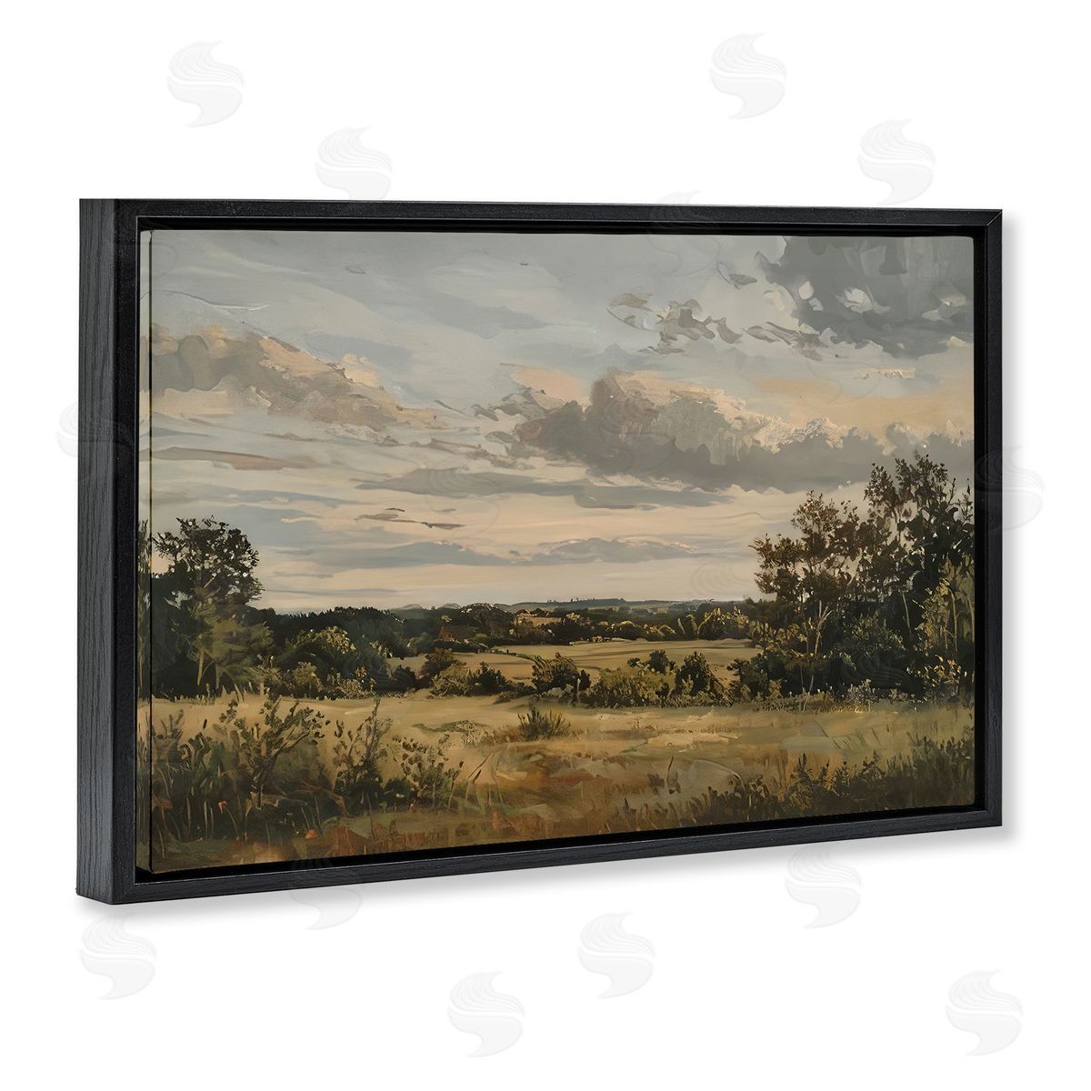 Evening Light Countryside Black Floating Frame Canvas Wall Art, Home Decor by LSR Creative Studio