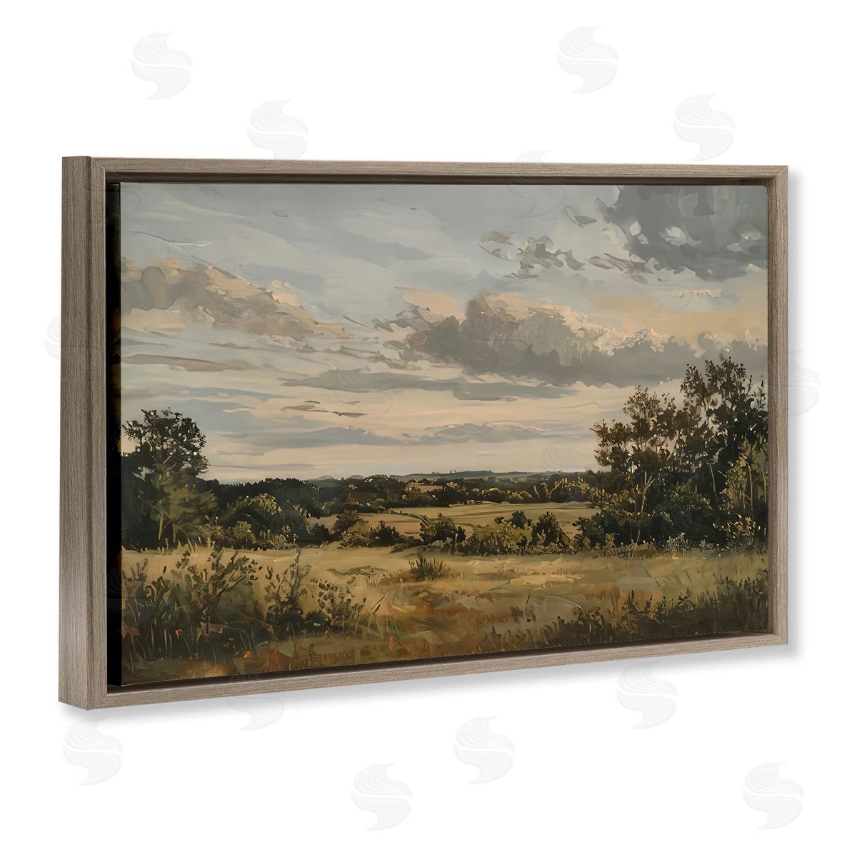 Evening Light Countryside Brown Floating Frame Canvas Wall Art, Home Decor by LSR Creative Studio