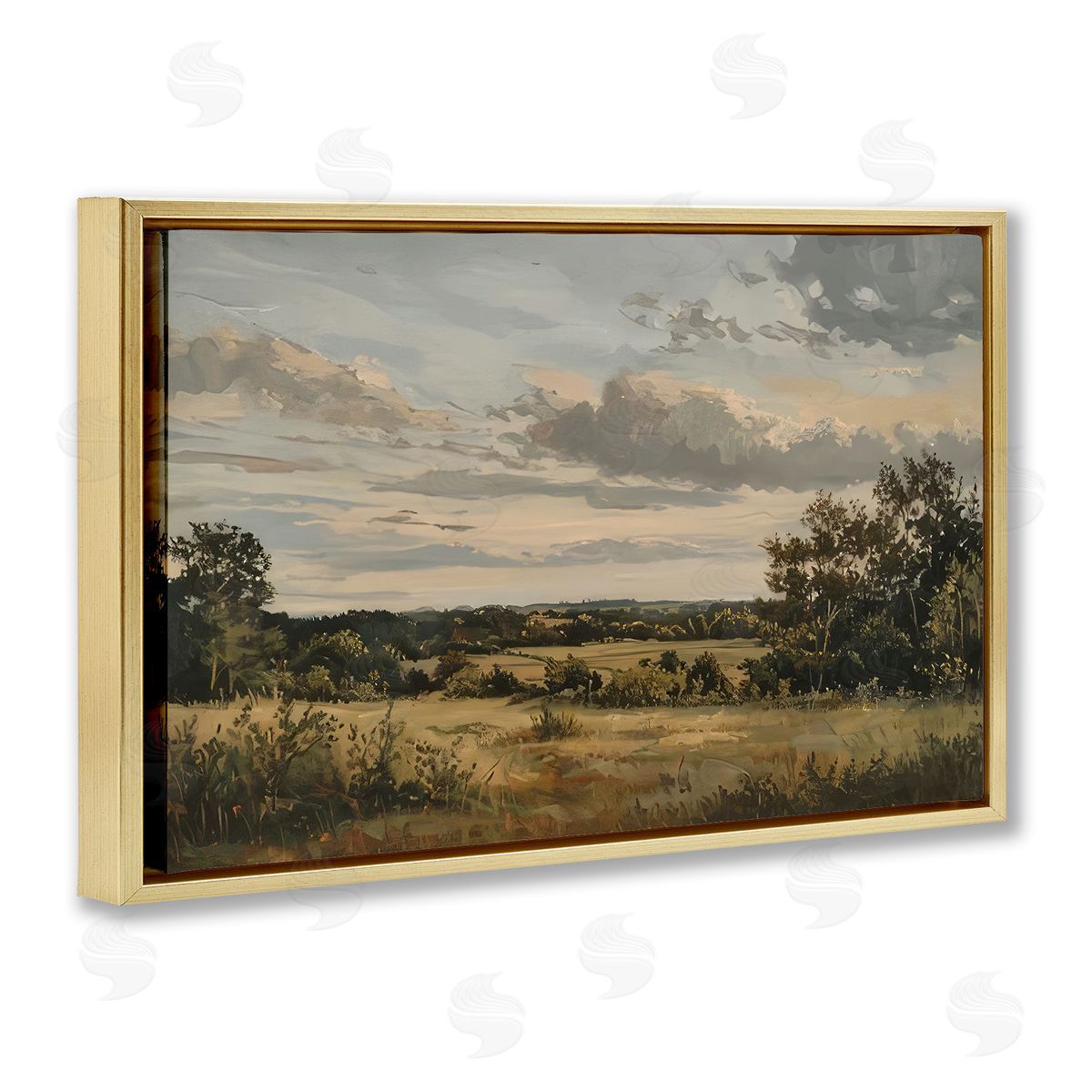Evening Light Countryside Gold Floating Frame Canvas Wall Art, Home Decor by LSR Creative Studio