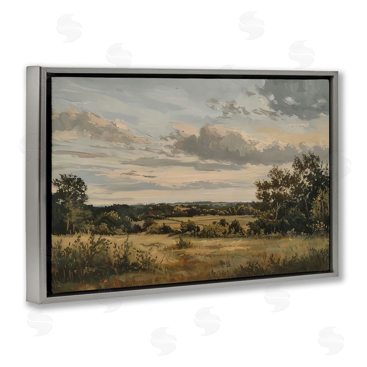 Evening Light Countryside Grey Floating Frame Canvas Wall Art, Home Decor by LSR Creative Studio
