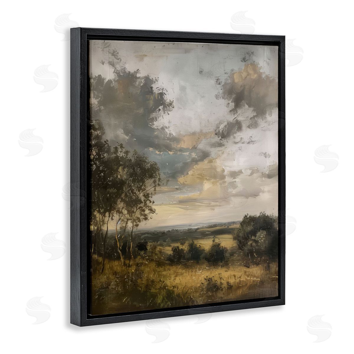 Rural Meadow at Dawn Black Floating Frame Canvas Wall Art, Home Decor by LSR Creative Studio