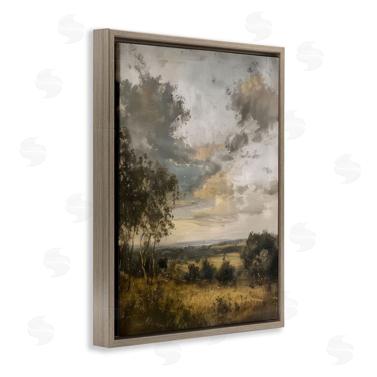 Rural Meadow at Dawn Brown Floating Frame Canvas Wall Art, Home Decor by LSR Creative Studio