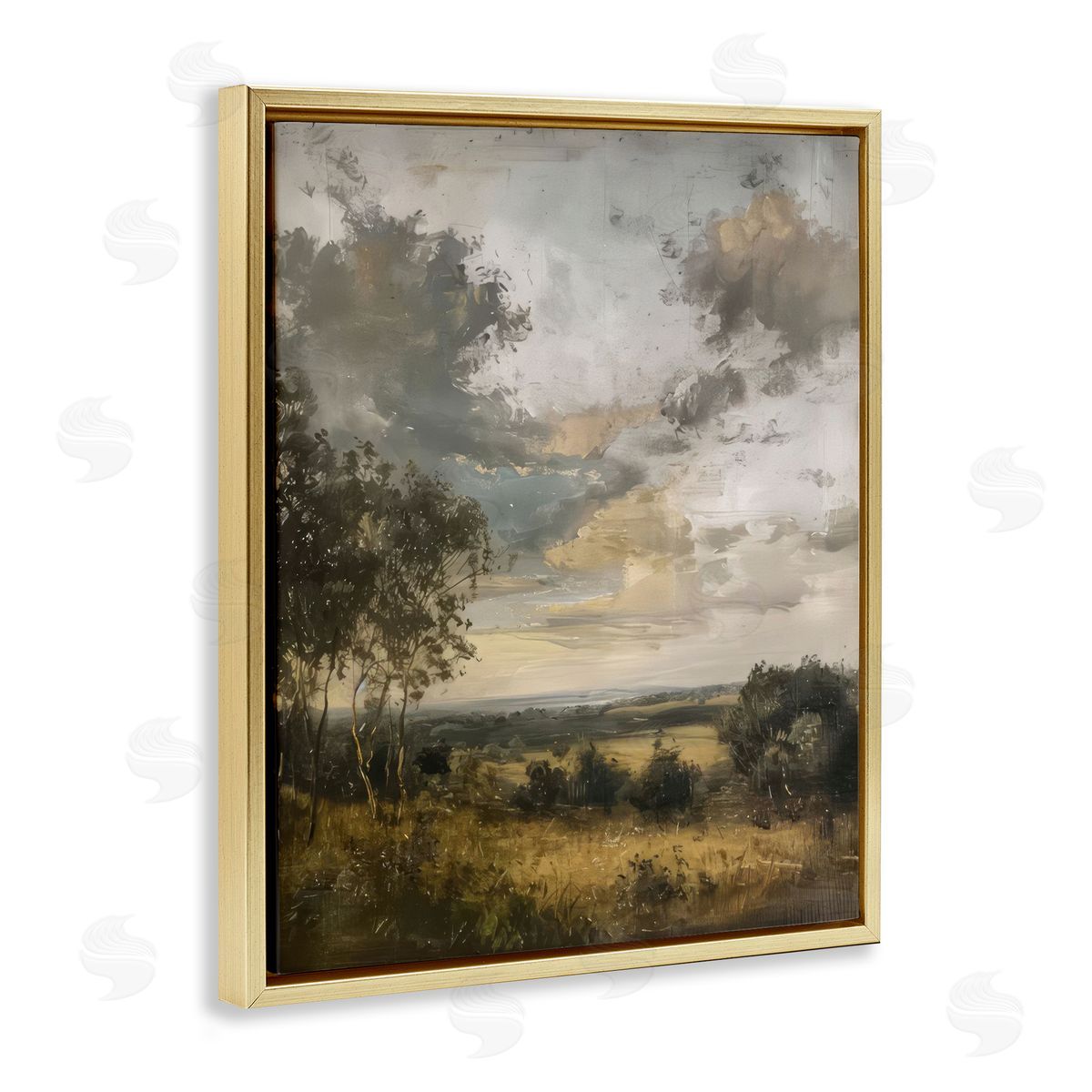 Rural Meadow at Dawn Gold Floating Frame Canvas Wall Art, Home Decor by LSR Creative Studio