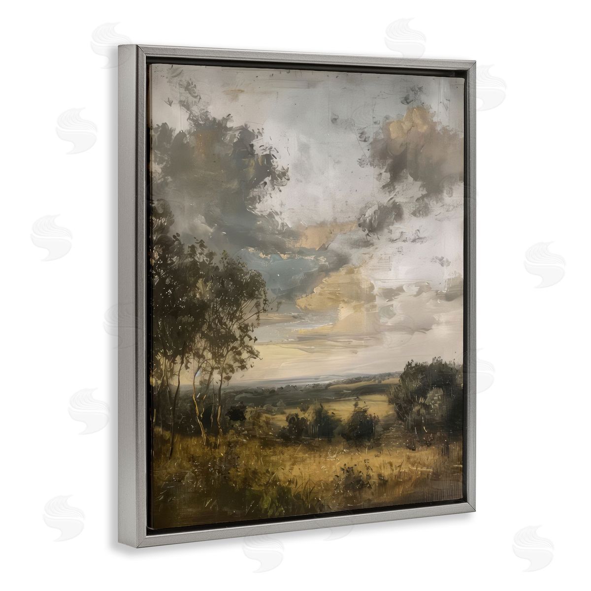 Rural Meadow at Dawn Grey Floating Frame Canvas Wall Art, Home Decor by LSR Creative Studio