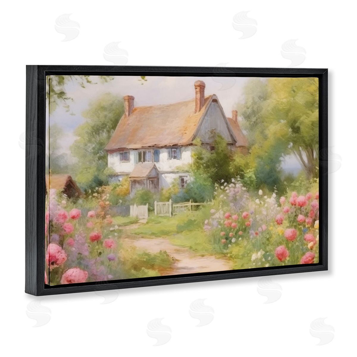 Nature Filled Cottage Garden Black Floating Frame Canvas Wall Art, Home Decor by Nini Art