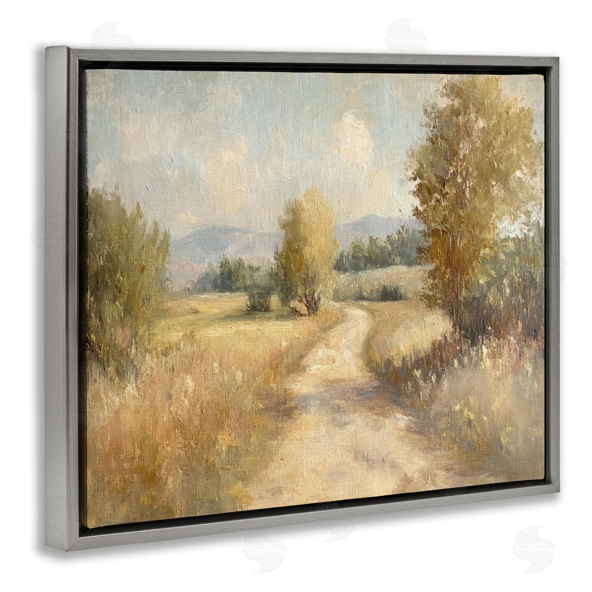 Gravel Road Landscape Grey Floating Frame Canvas Wall Art, Home Decor by Petal Prints Design
