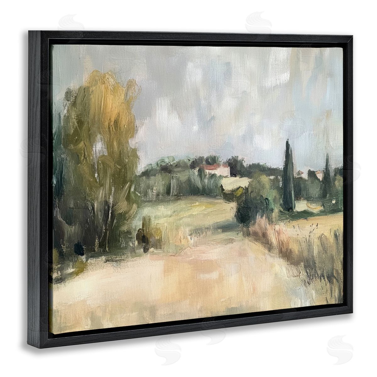 Hill Top House Landscape Black Floating Frame Canvas Wall Art, Home Decor by Petal Prints Design
