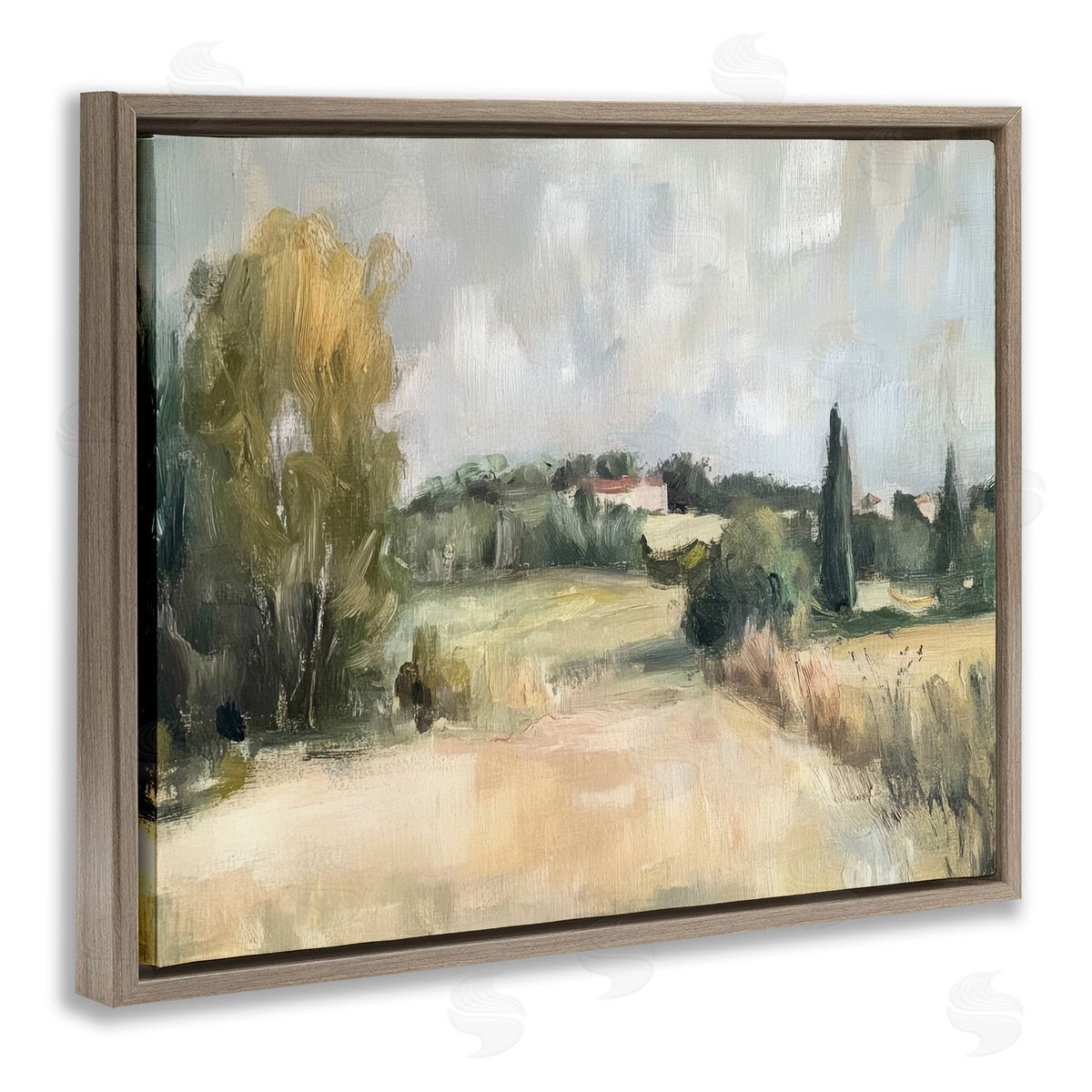 Hill Top House Landscape Brown Floating Frame Canvas Wall Art, Home Decor by Petal Prints Design