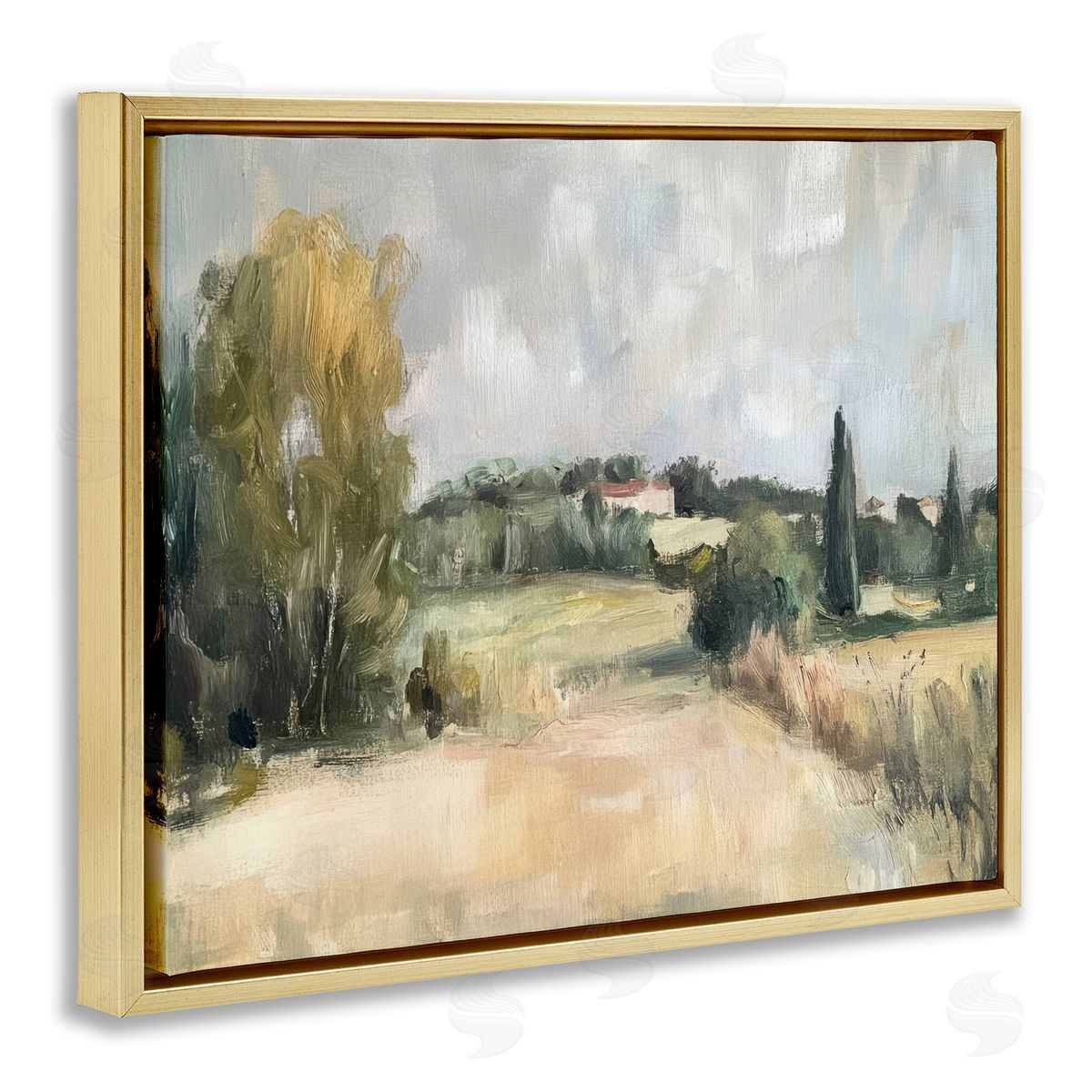 Hill Top House Landscape Gold Floating Frame Canvas Wall Art, Home Decor by Petal Prints Design