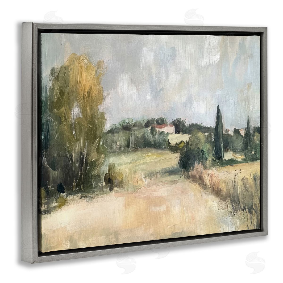 Hill Top House Landscape Grey Floating Frame Canvas Wall Art, Home Decor by Petal Prints Design
