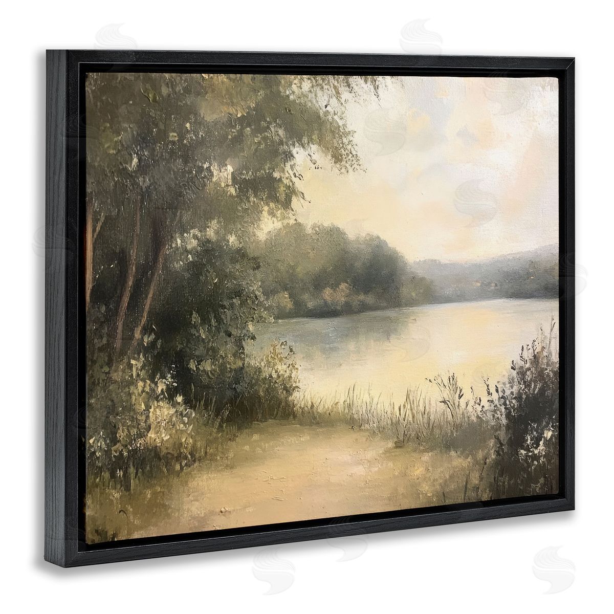 Shore of Peaceful Lake Black Floating Frame Canvas Wall Art, Home Decor by Petal Prints Design