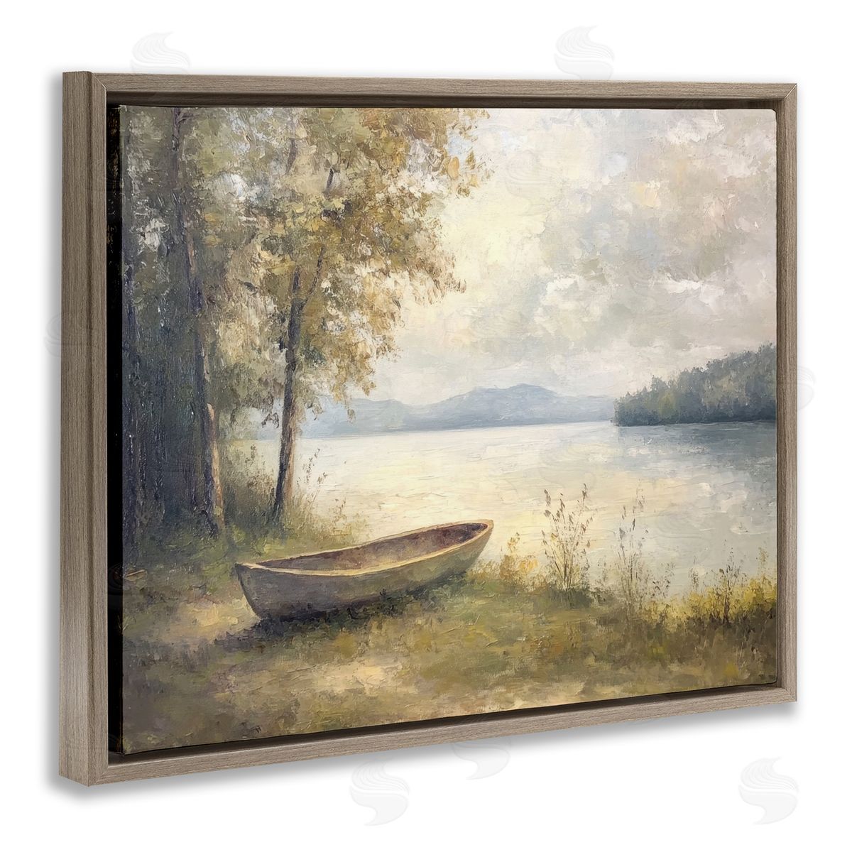 Boat at Lake's Edge Brown Floating Frame Canvas Wall Art, Home Decor by Petal Prints Design