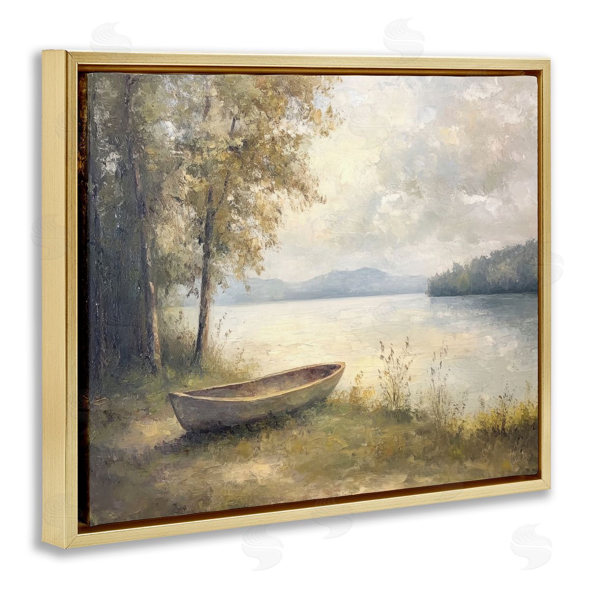 Boat at Lake's Edge Gold Floating Frame Canvas Wall Art, Home Decor by Petal Prints Design