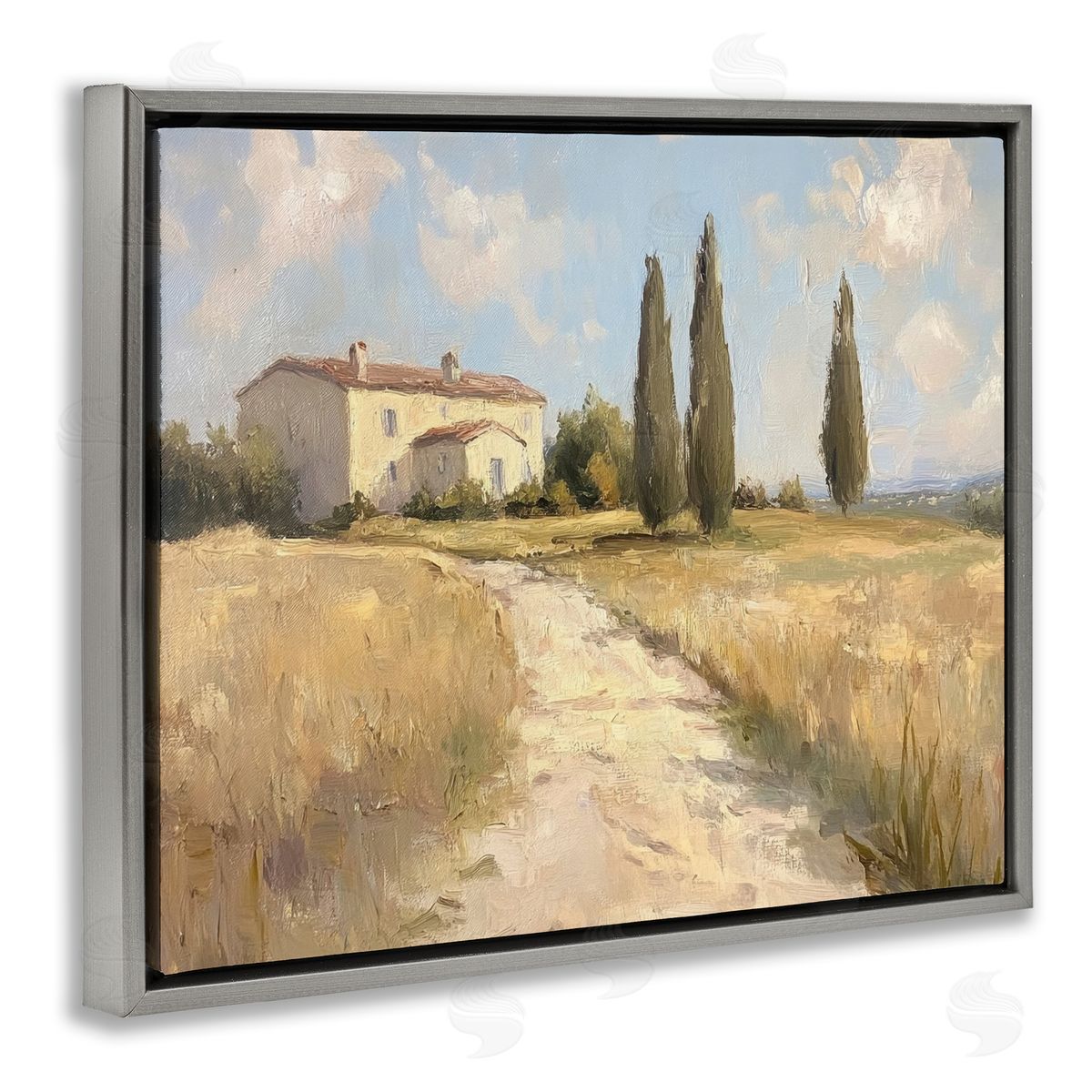 Country Villa Path Grey Floating Frame Canvas Wall Art, Home Decor by Petal Prints Design