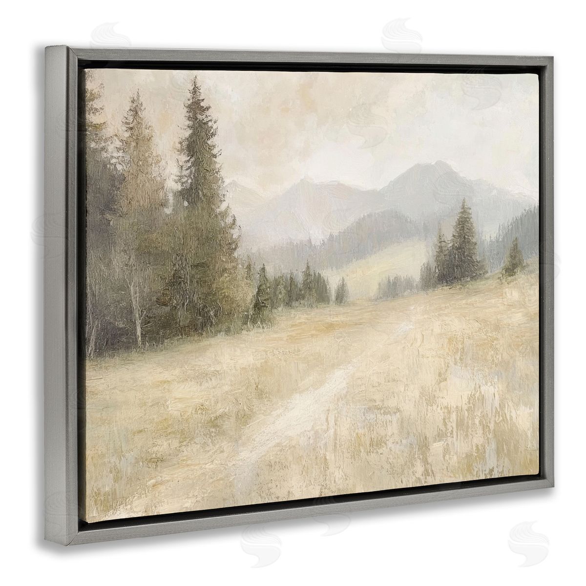 Fog on Mountain Valley Grey Floating Frame Canvas Wall Art, Home Decor by Petal Prints Design
