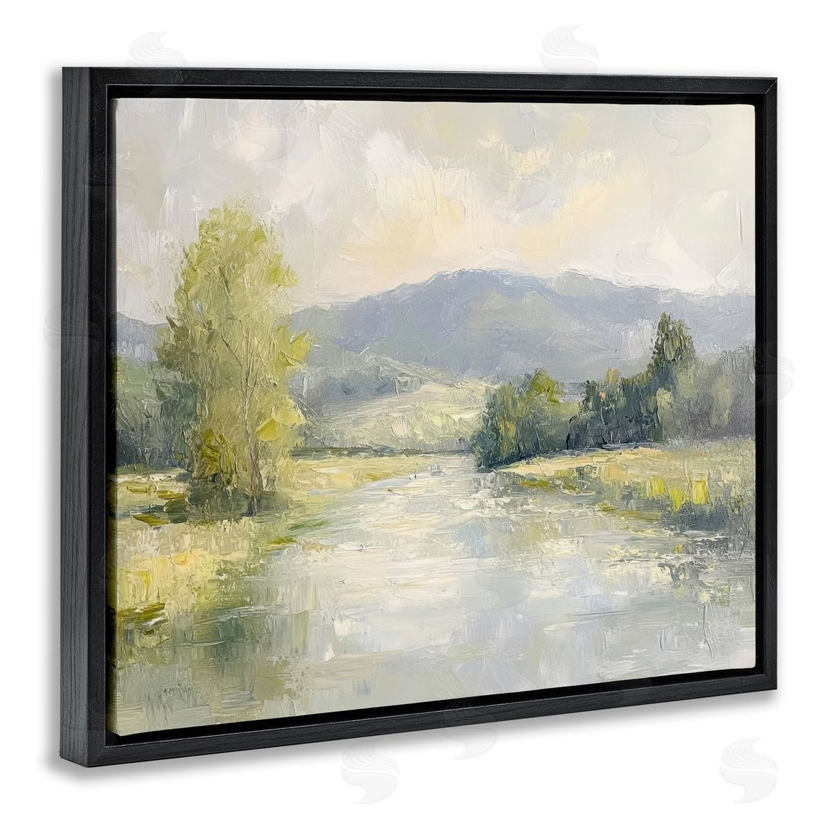 Abstract River & Mountain Scene Black Floating Frame Canvas Wall Art, Home Decor by Petal Prints Design