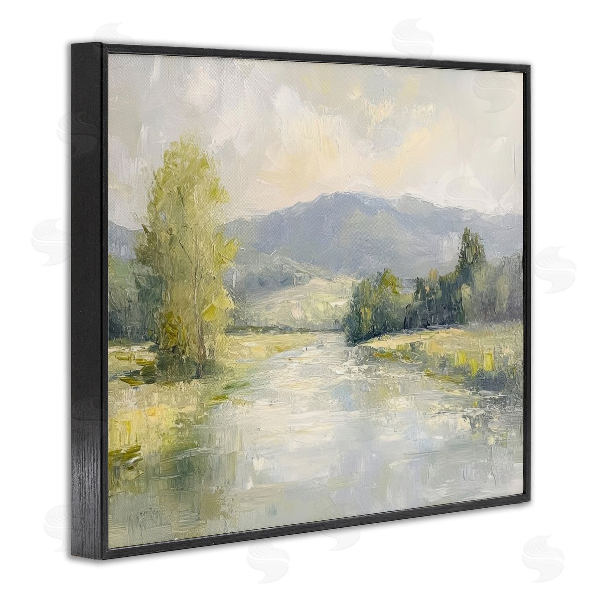 Abstract River & Mountain Scene Black Frame Print Wall Art, Home Decor by Petal Prints Design