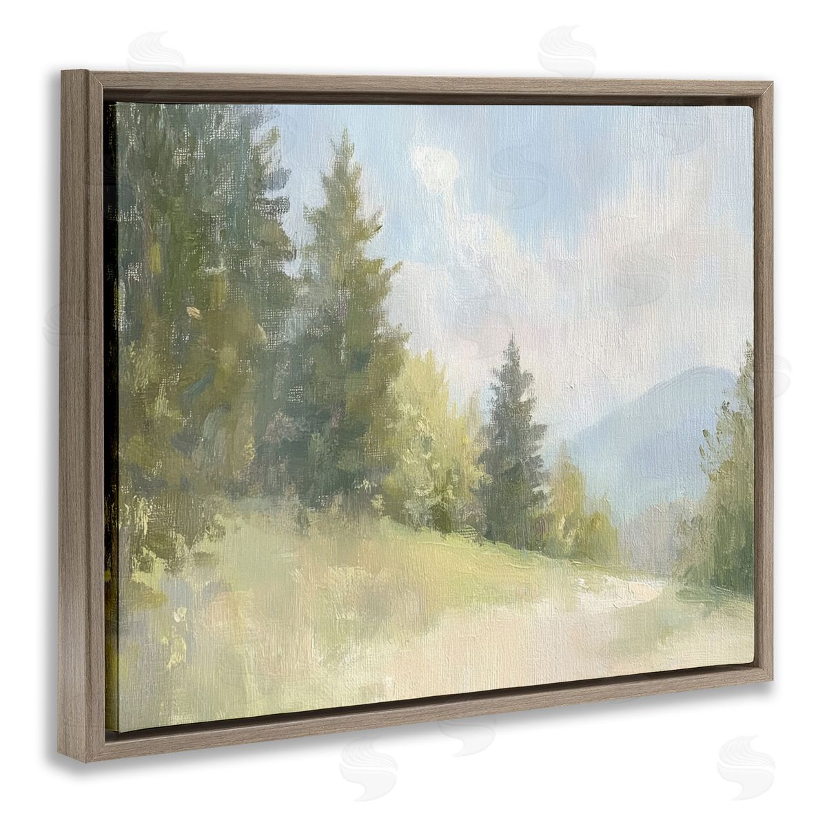 Meadow Of Green Landscape Brown Floating Frame Canvas Wall Art, Home Decor by Petal Prints Design