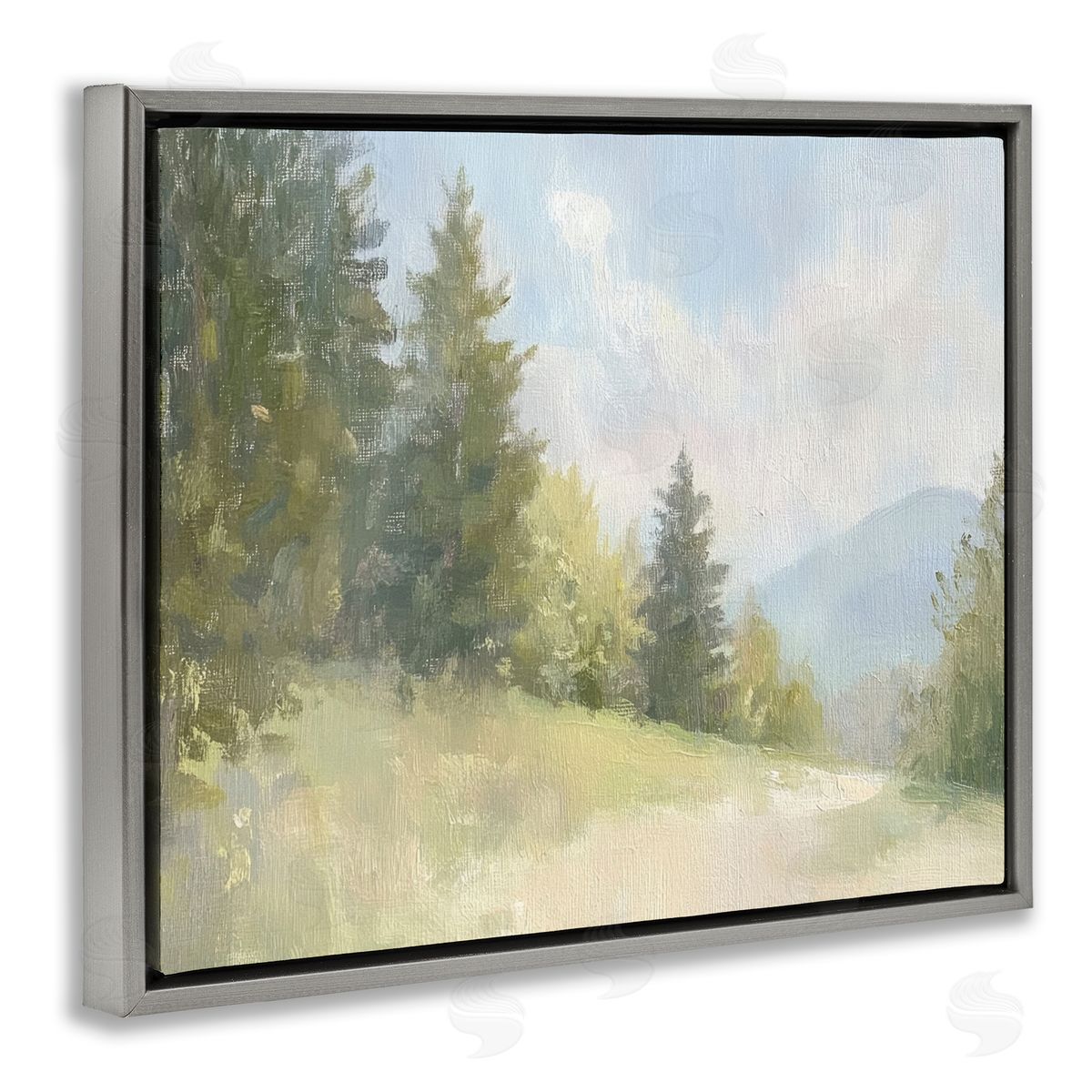 Meadow Of Green Landscape Grey Floating Frame Canvas Wall Art, Home Decor by Petal Prints Design