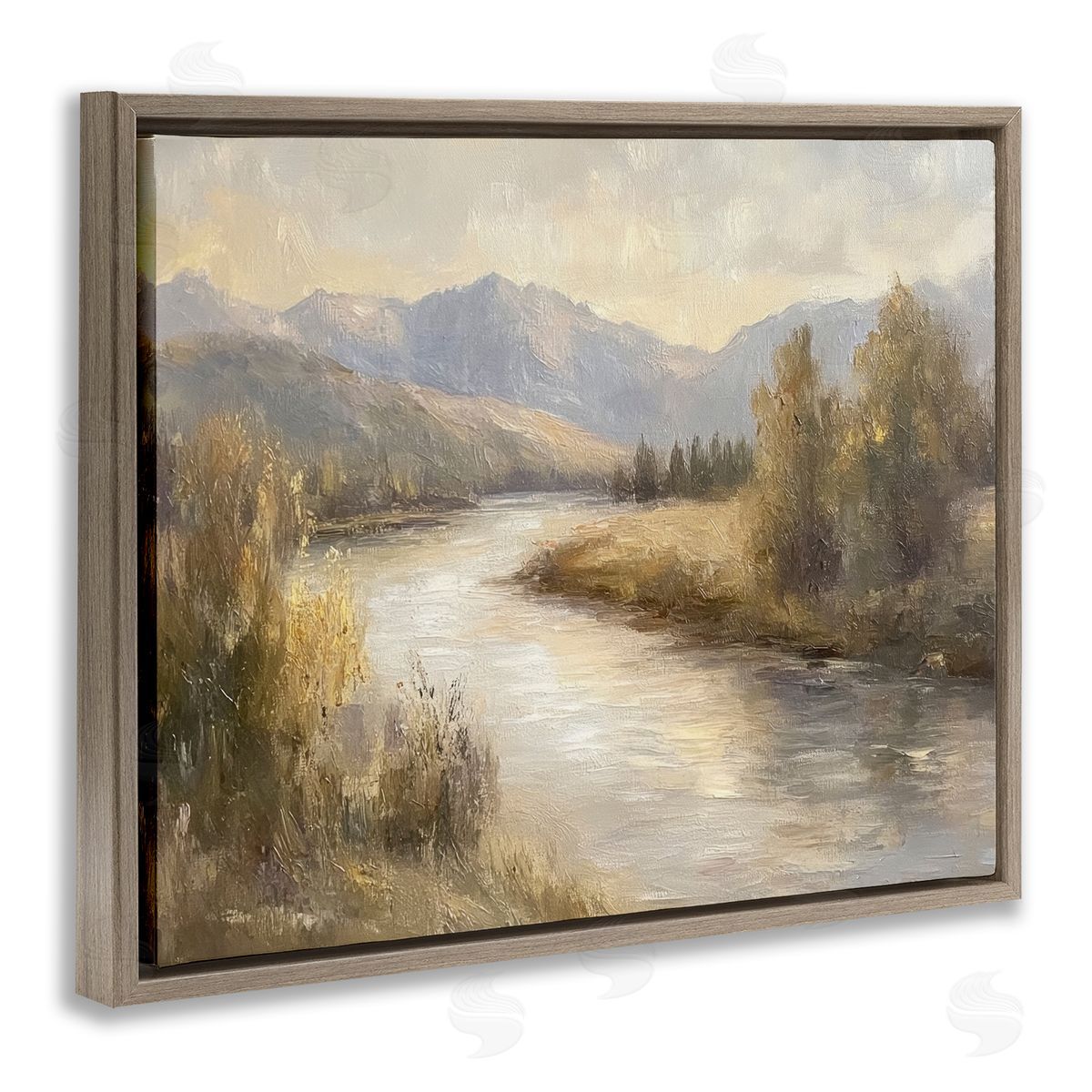 Flowing River & Distant Mountains Brown Floating Frame Canvas Wall Art, Home Decor by Petal Prints Design