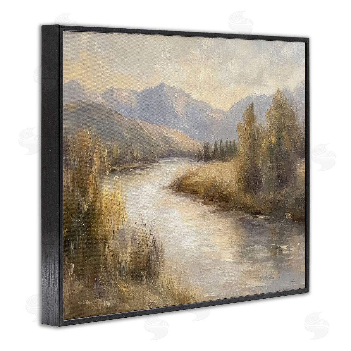 Flowing River & Distant Mountains Black Frame Print Wall Art, Home Decor by Petal Prints Design