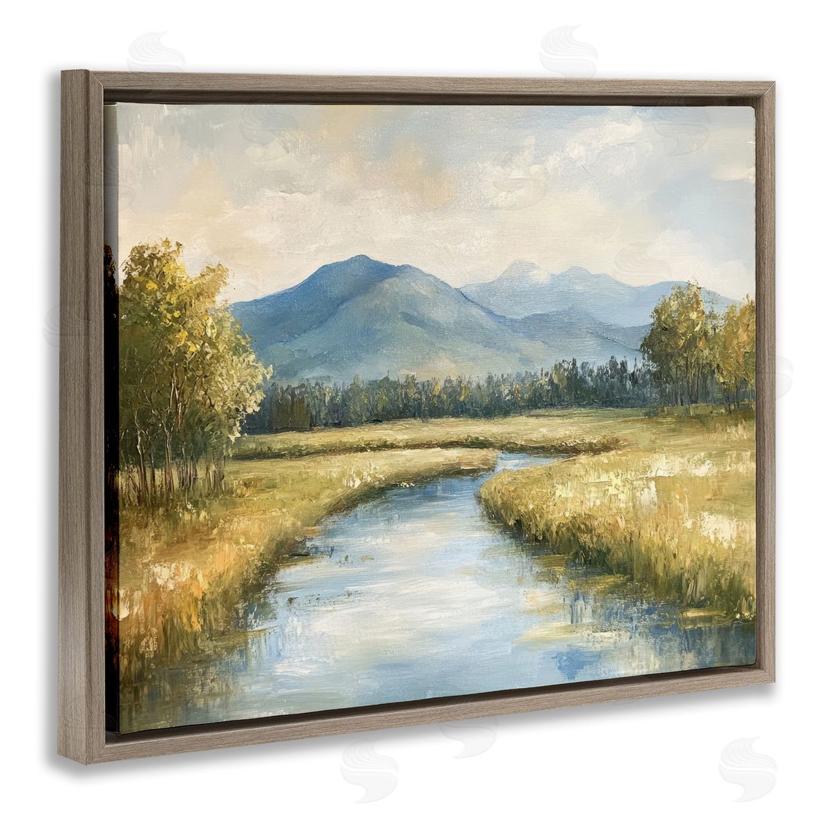 River Bend with Tall Grass Brown Floating Frame Canvas Wall Art, Home Decor by Petal Prints Design