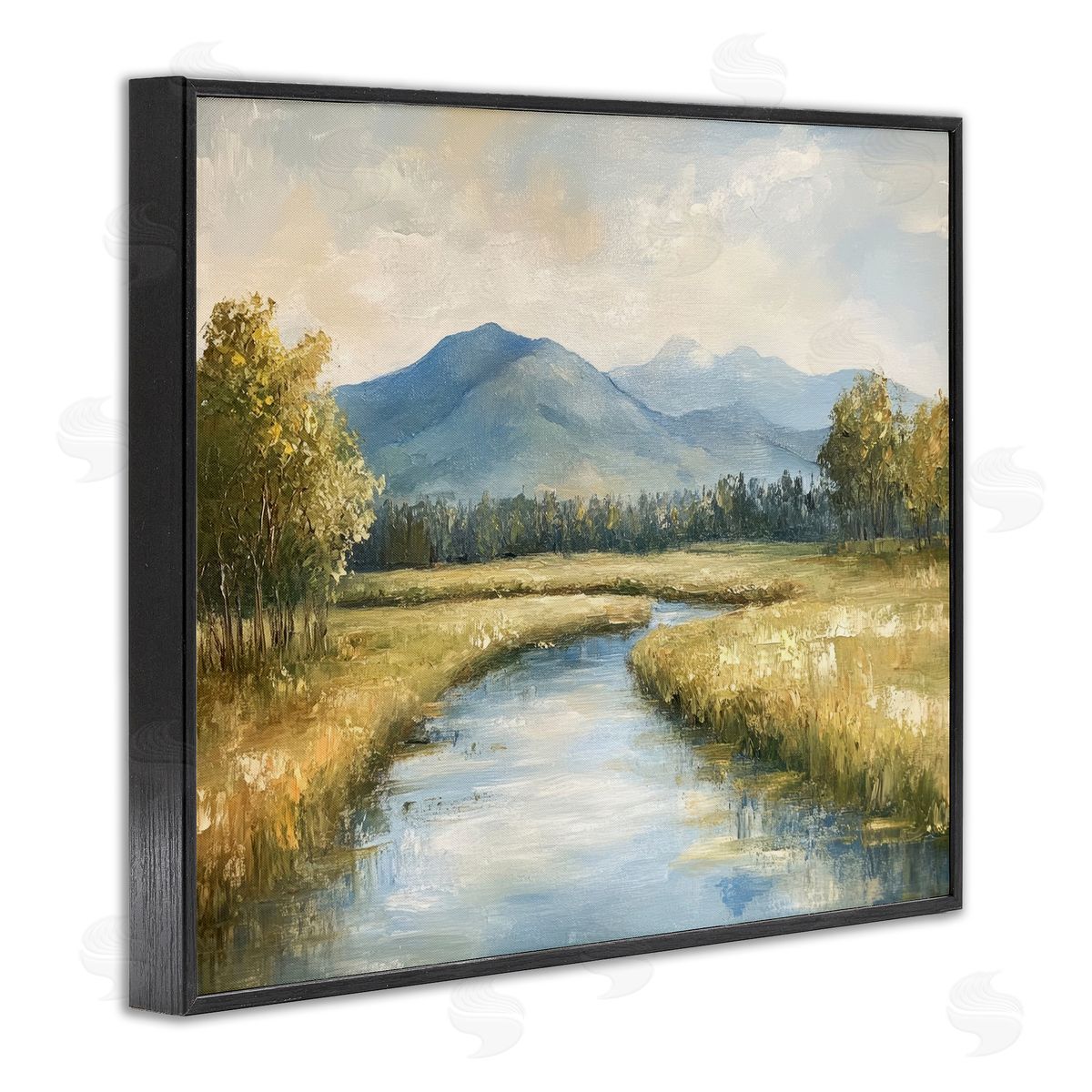 River Bend with Tall Grass Black Frame Print Wall Art, Home Decor by Petal Prints Design