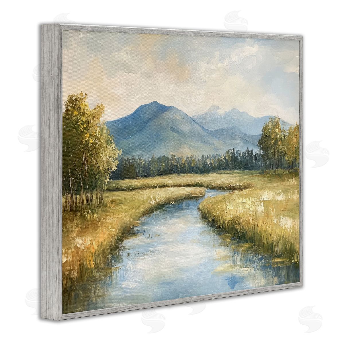 River Bend with Tall Grass Grey Frame Print Wall Art, Home Decor by Petal Prints Design