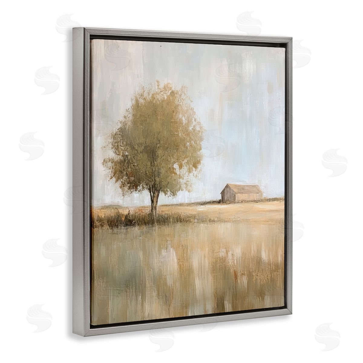 Distant Barn and Lone Tree Grey Floating Frame Canvas Wall Art, Home Decor by Petal Prints Design