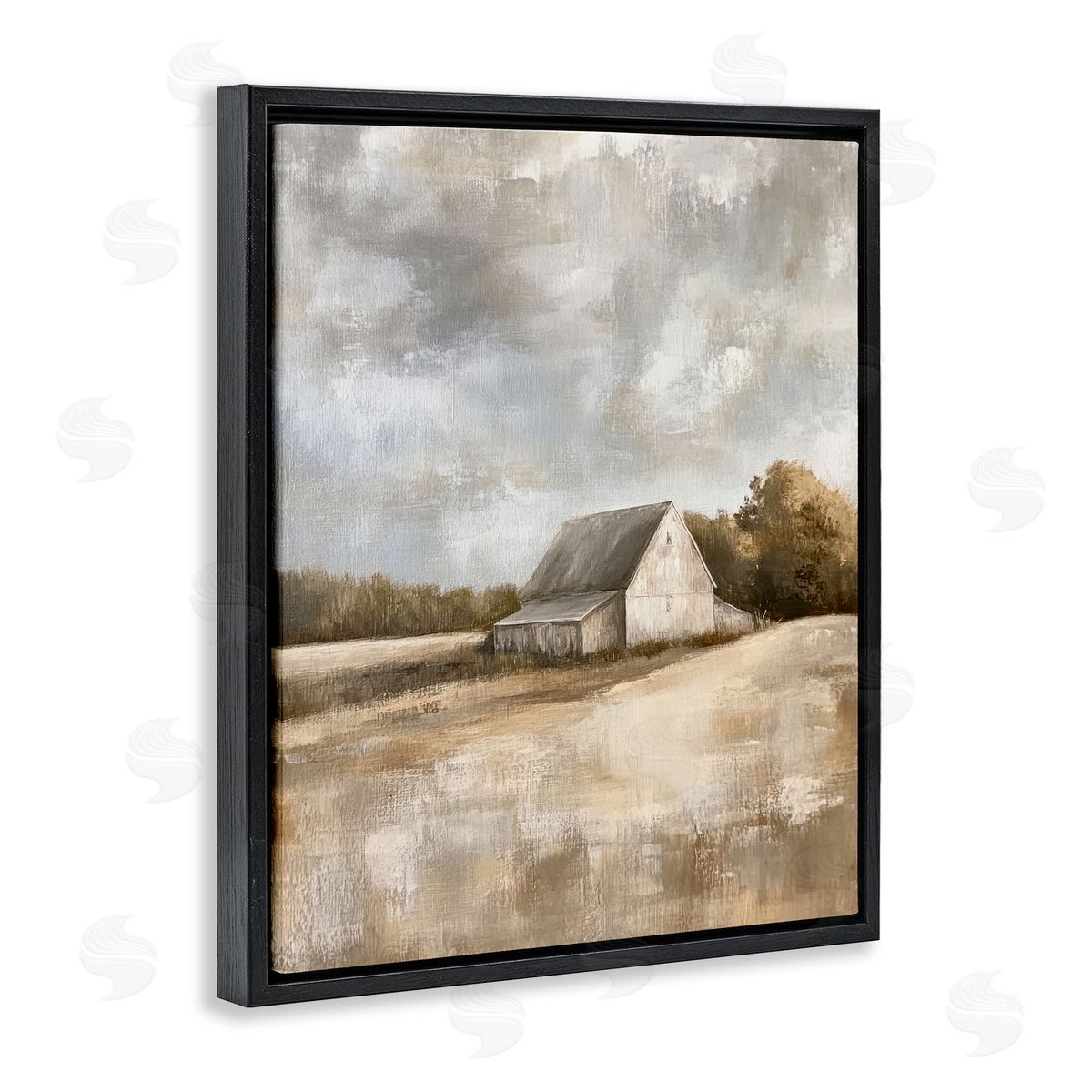 Cloudy Farm Landscape Black Floating Frame Canvas Wall Art, Home Decor by Petal Prints Design