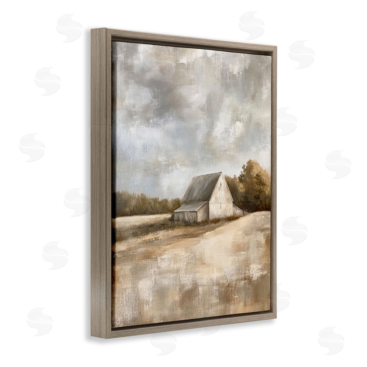 Cloudy Farm Landscape Brown Floating Frame Canvas Wall Art, Home Decor by Petal Prints Design