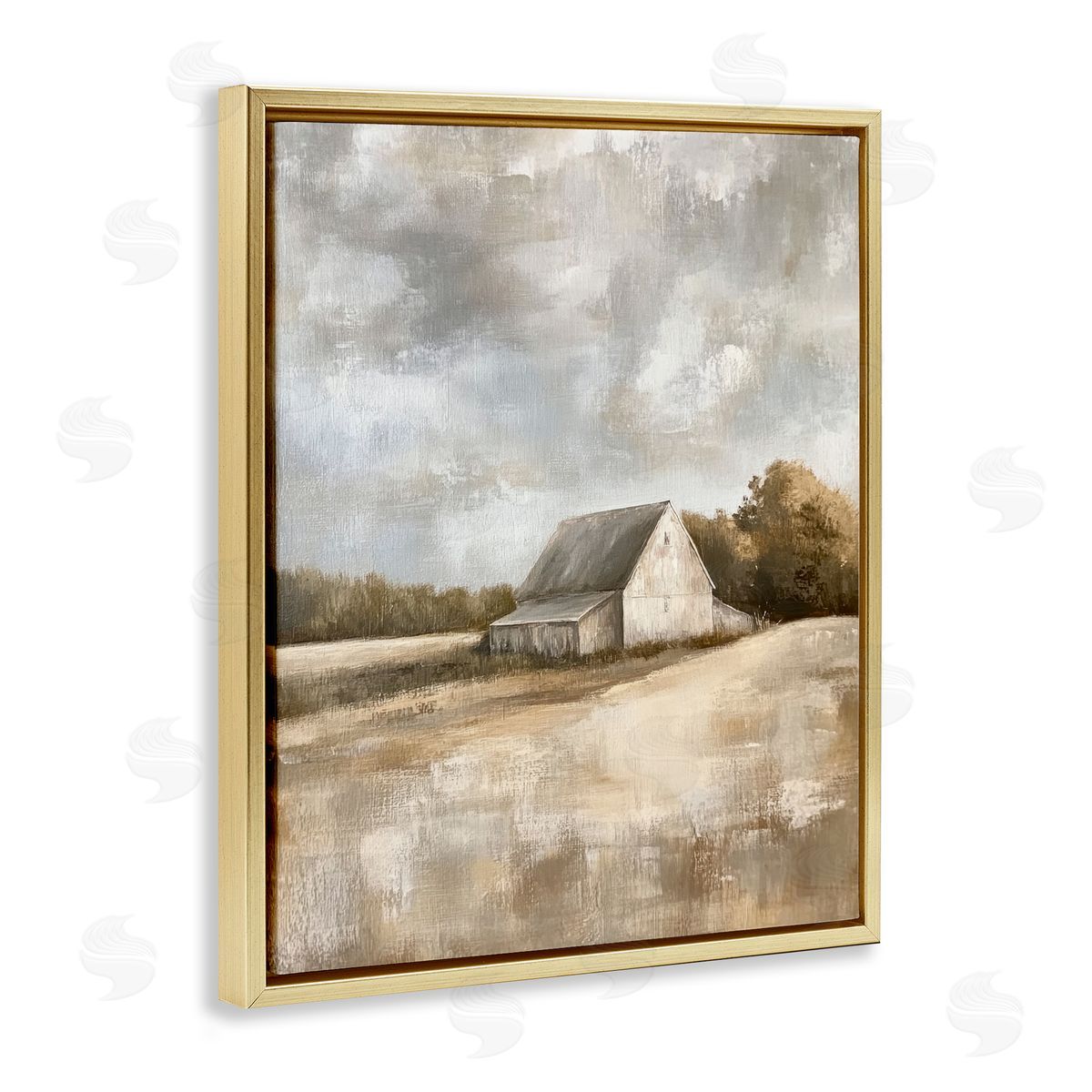 Cloudy Farm Landscape Gold Floating Frame Canvas Wall Art, Home Decor by Petal Prints Design