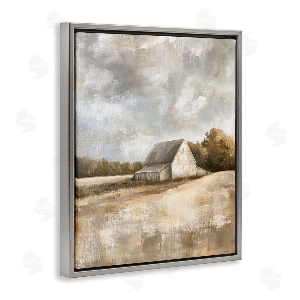 Cloudy Farm Landscape Grey Floating Frame Canvas Wall Art, Home Decor by Petal Prints Design