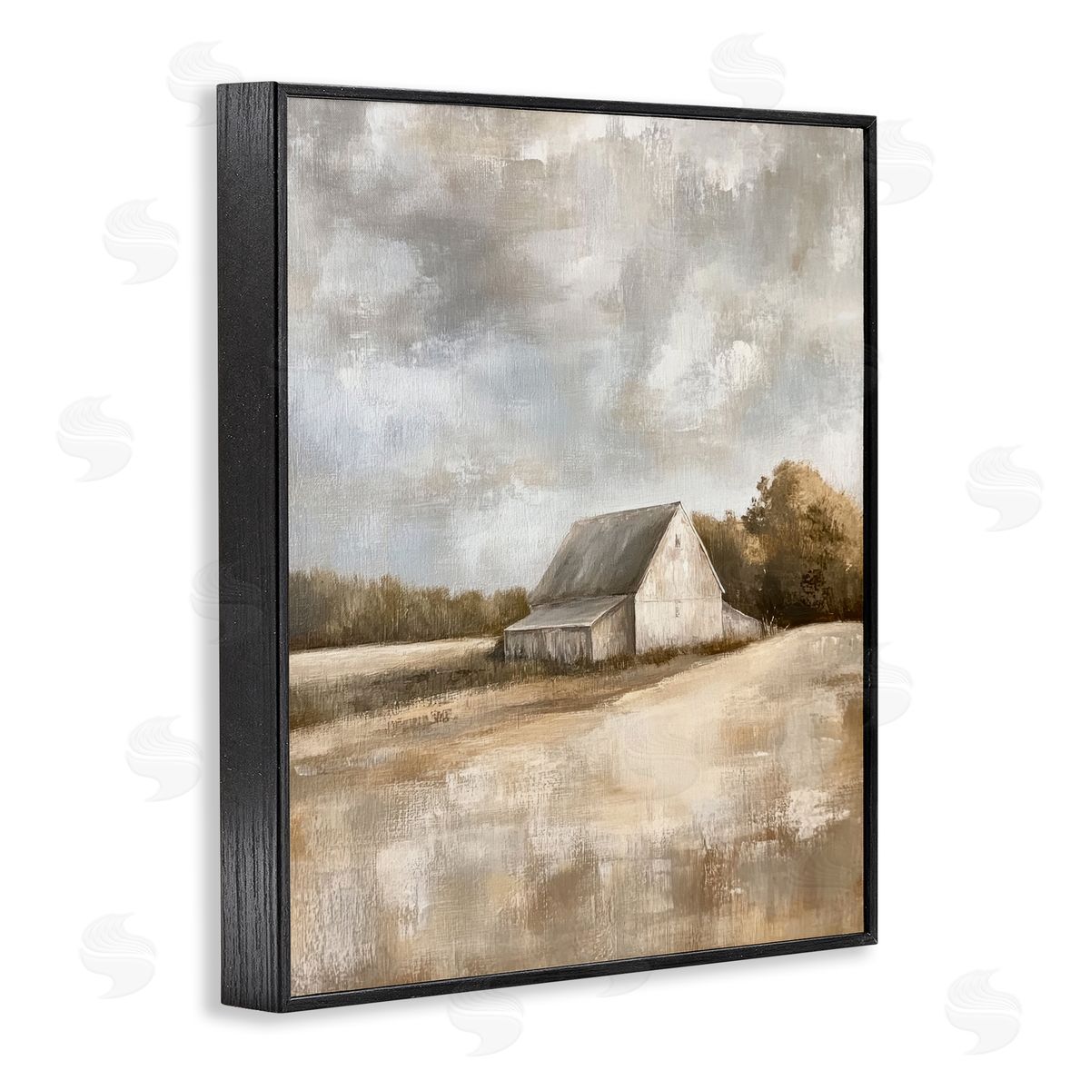 Cloudy Farm Landscape Black Frame Print Wall Art, Home Decor by Petal Prints Design