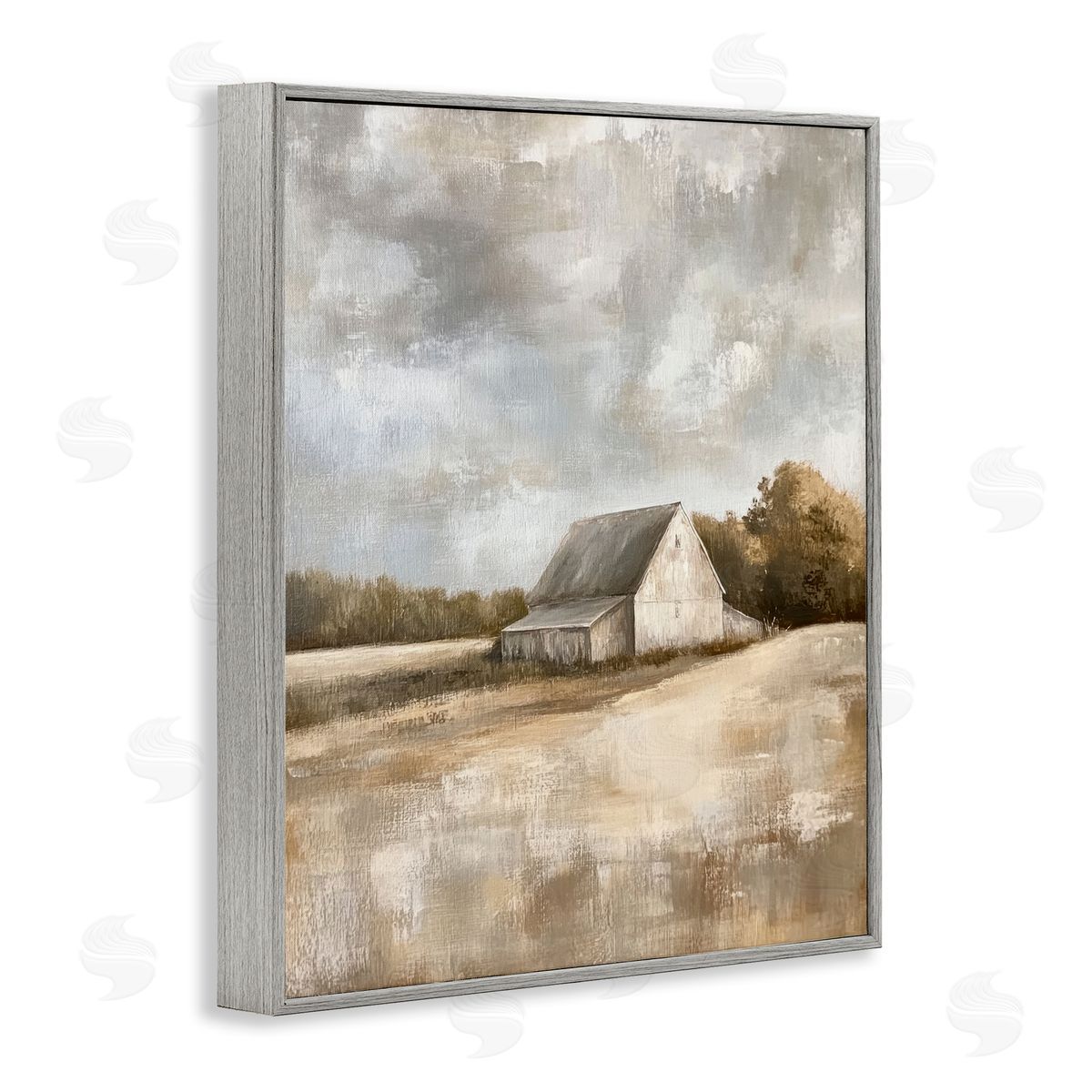 Cloudy Farm Landscape Grey Frame Print Wall Art, Home Decor by Petal Prints Design