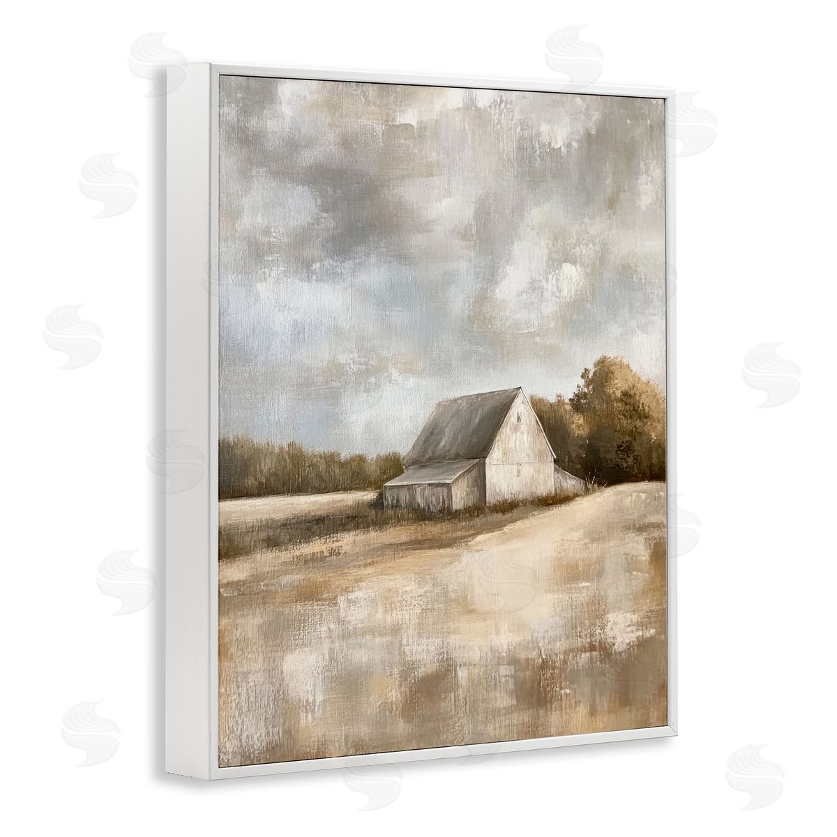 Cloudy Farm Landscape White Frame Print Wall Art, Home Decor by Petal Prints Design