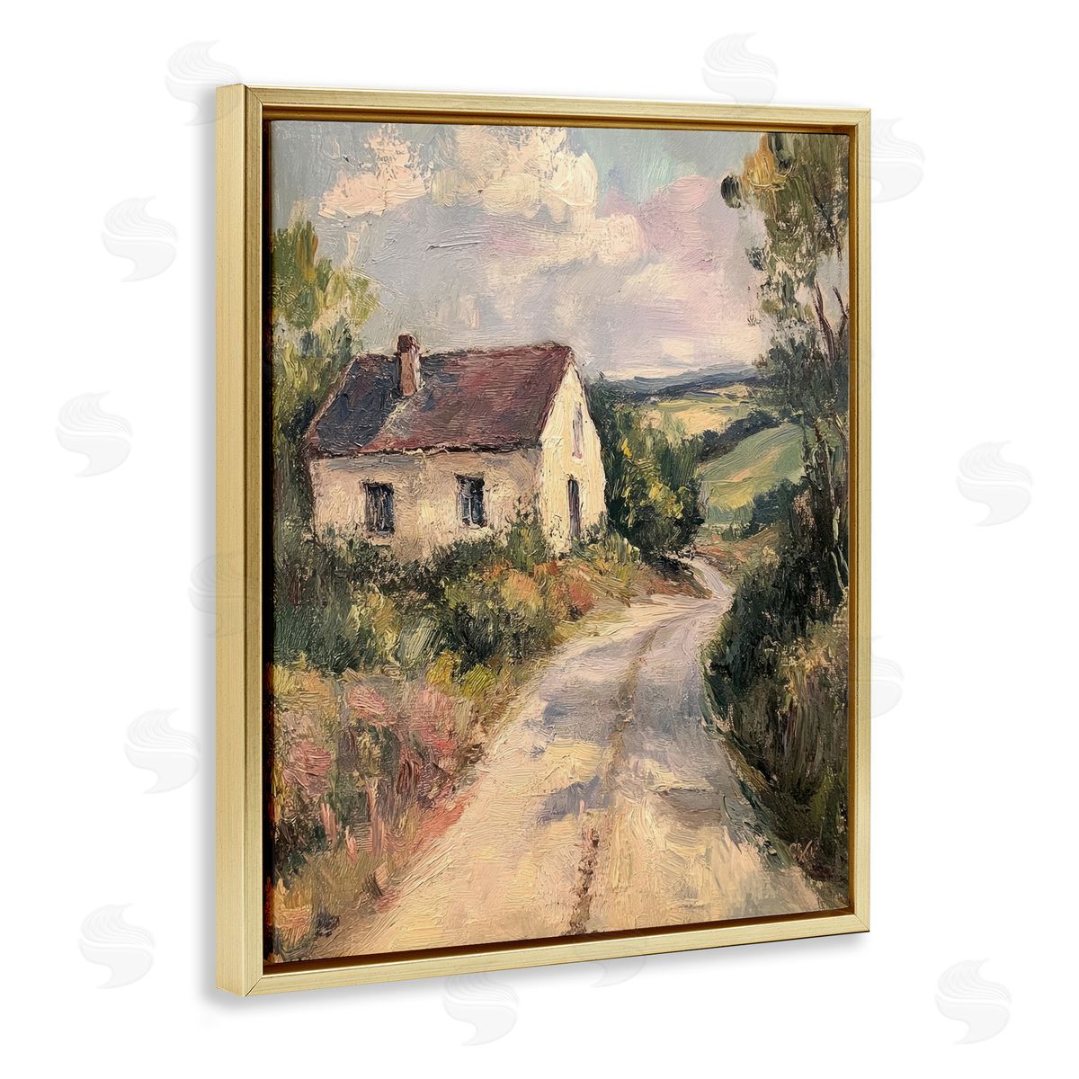 Scenic Cottage Road Gold Floating Frame Canvas Wall Art, Home Decor by Petal Prints Design