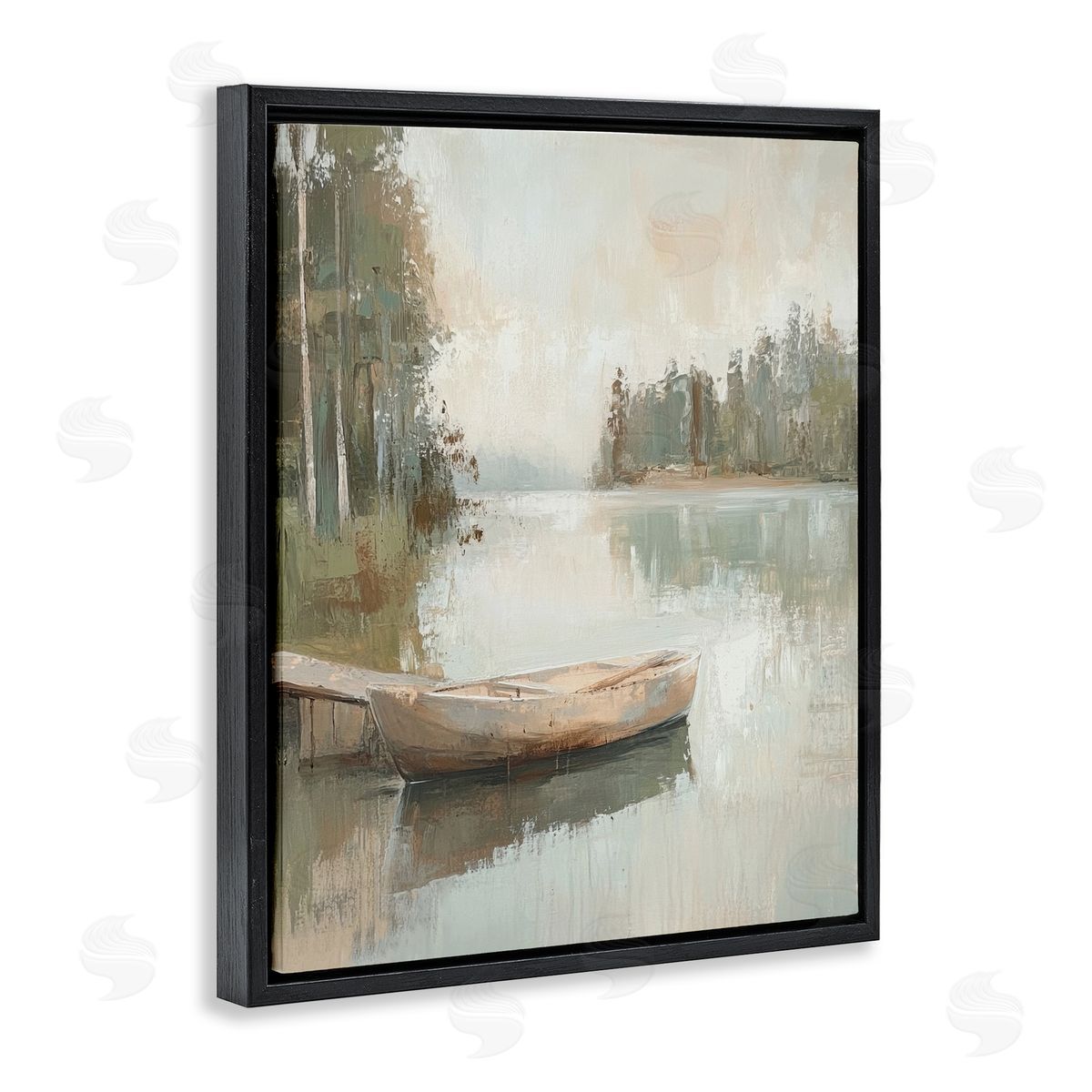 Canoe at Quiet Dock Black Floating Frame Canvas Wall Art, Home Decor by Petal Prints Design