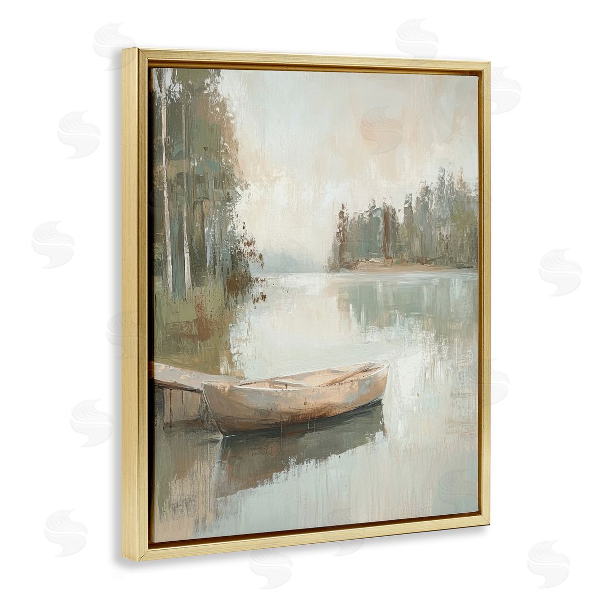 Canoe at Quiet Dock Gold Floating Frame Canvas Wall Art, Home Decor by Petal Prints Design
