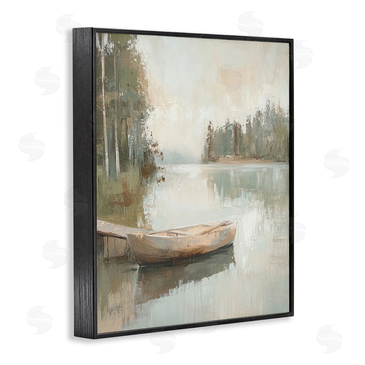 Canoe at Quiet Dock Black Frame Print Wall Art, Home Decor by Petal Prints Design