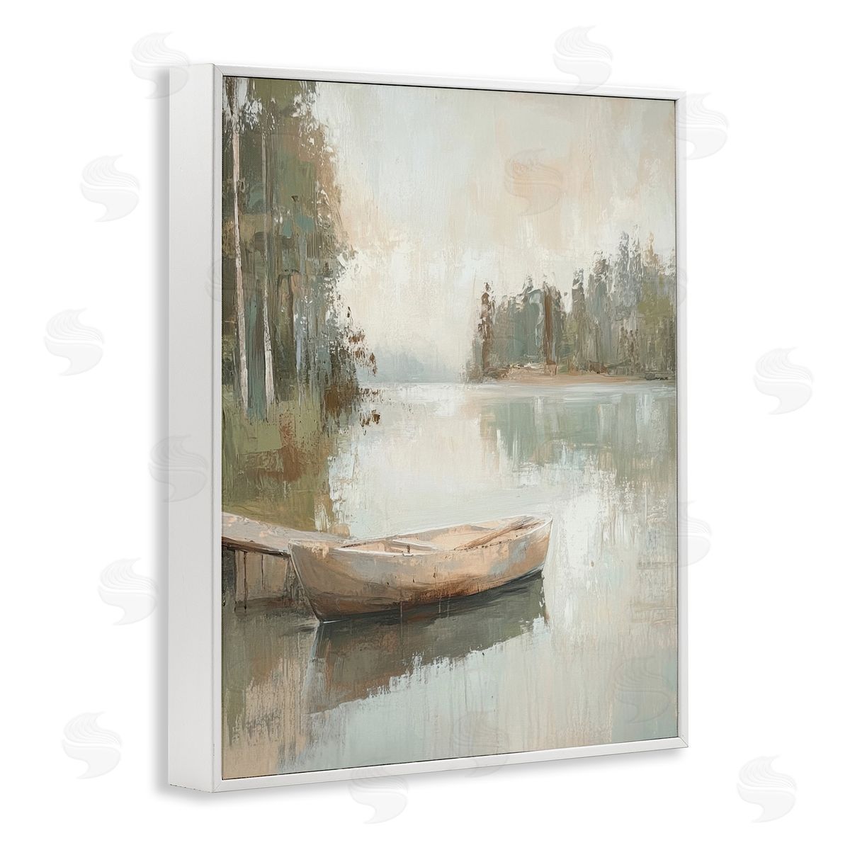 Canoe at Quiet Dock White Frame Print Wall Art, Home Decor by Petal Prints Design