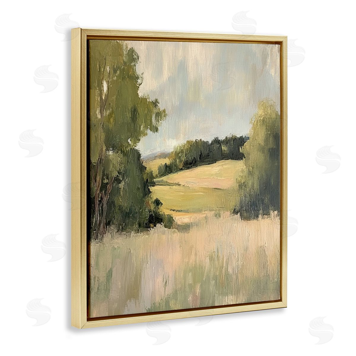 Painterly Green Valley View Gold Floating Frame Canvas Wall Art, Home Decor by Petal Prints Design