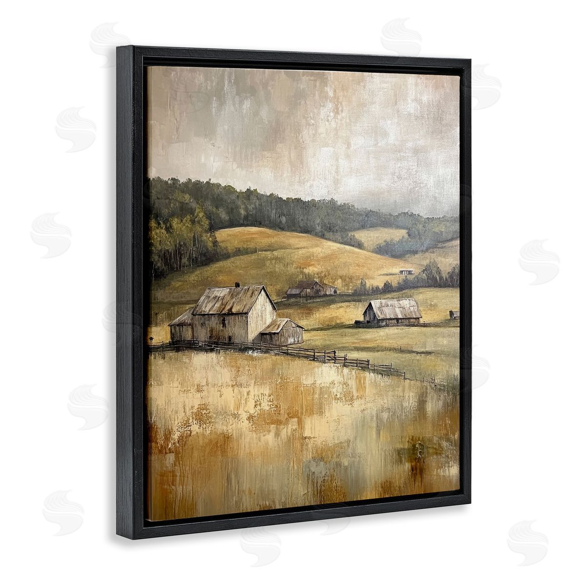 Rustic Farmland & Rolling Hills Black Floating Frame Canvas Wall Art, Home Decor by Petal Prints Design