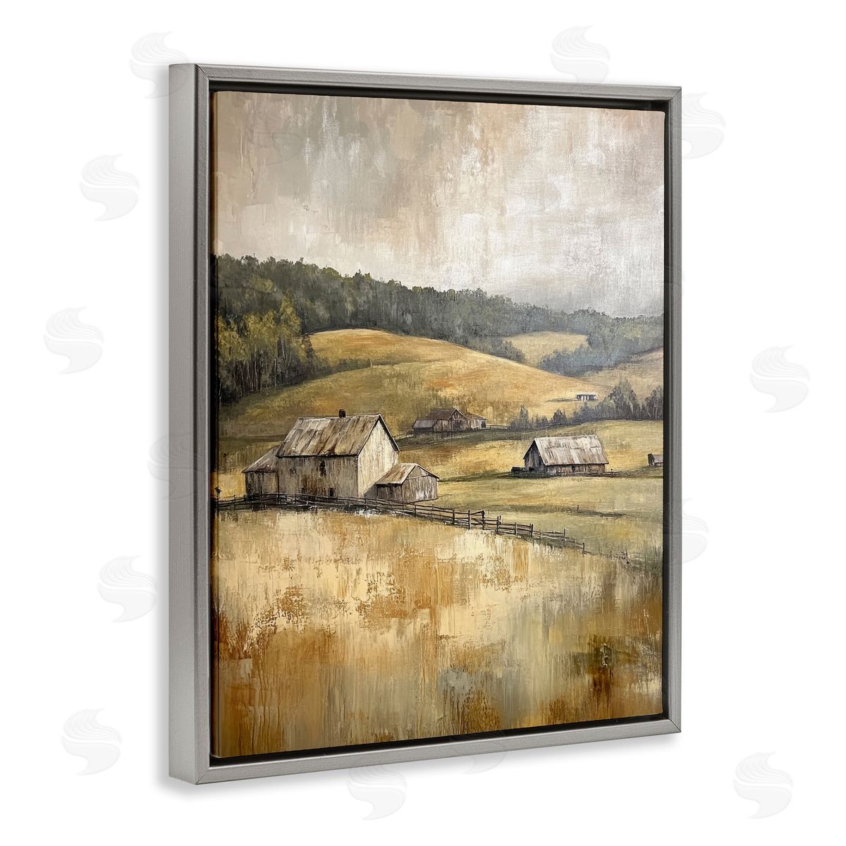 Rustic Farmland & Rolling Hills Grey Floating Frame Canvas Wall Art, Home Decor by Petal Prints Design